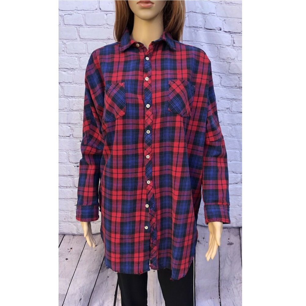 New LF Carmar Vintage Stonewashed Flannel Boyfriend Shirt Oversized Size XS